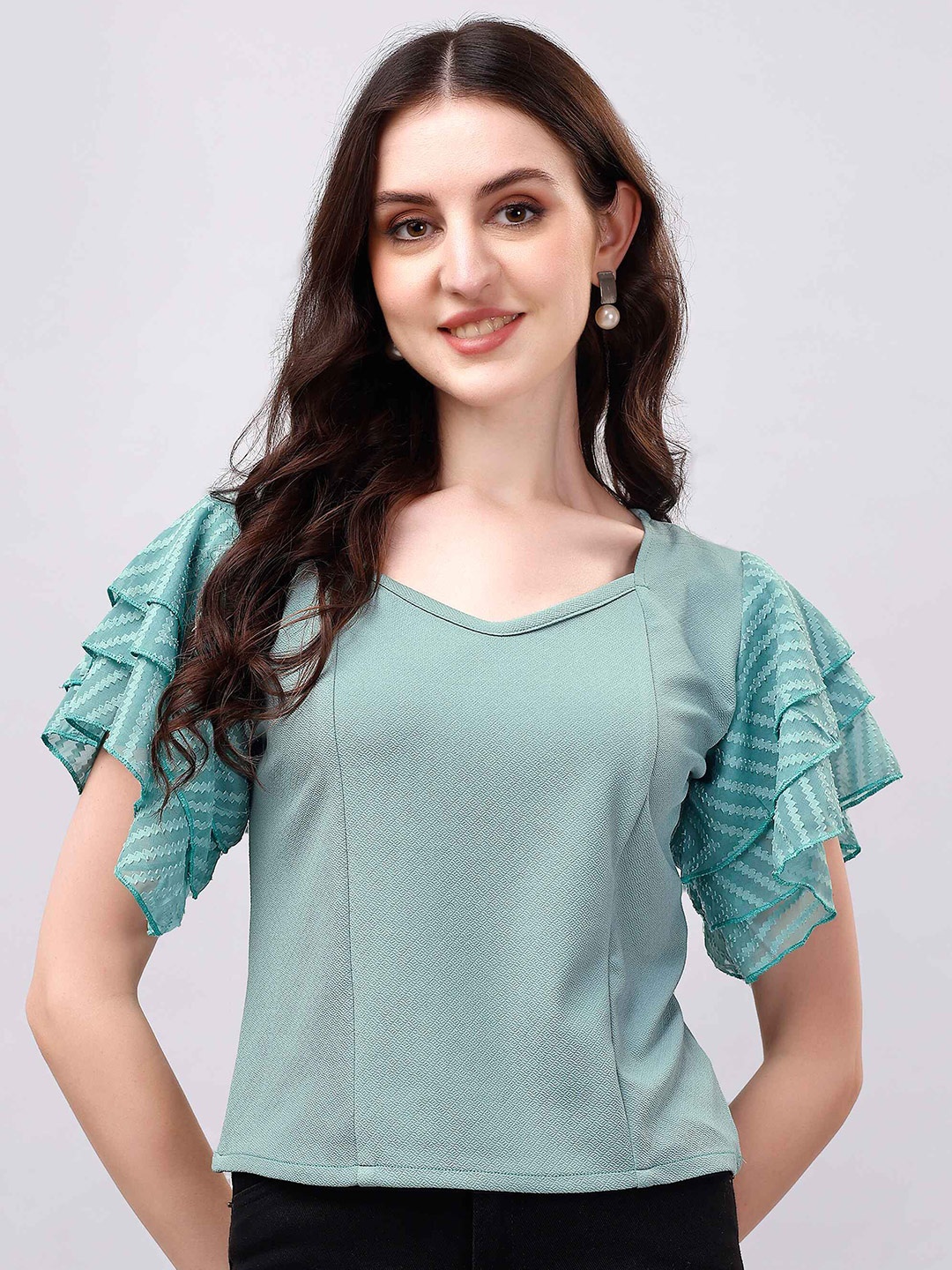 

Paralians Sweetheart Neck Flared Sleeve Casual Top, Sea green