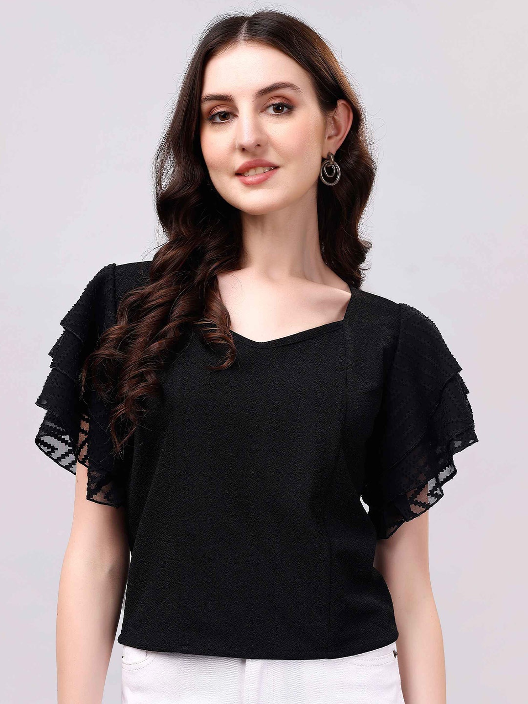 

Paralians Sweetheart Neck Flared Sleeve Casual Top, Black