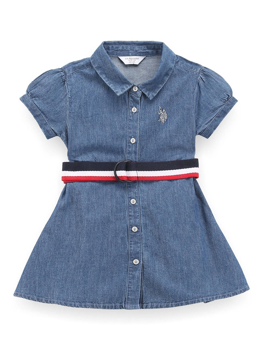 

U.S. Polo Assn. Kids Girls Pure Cotton Belted Puff Sleeve Shirt Dress, Blue