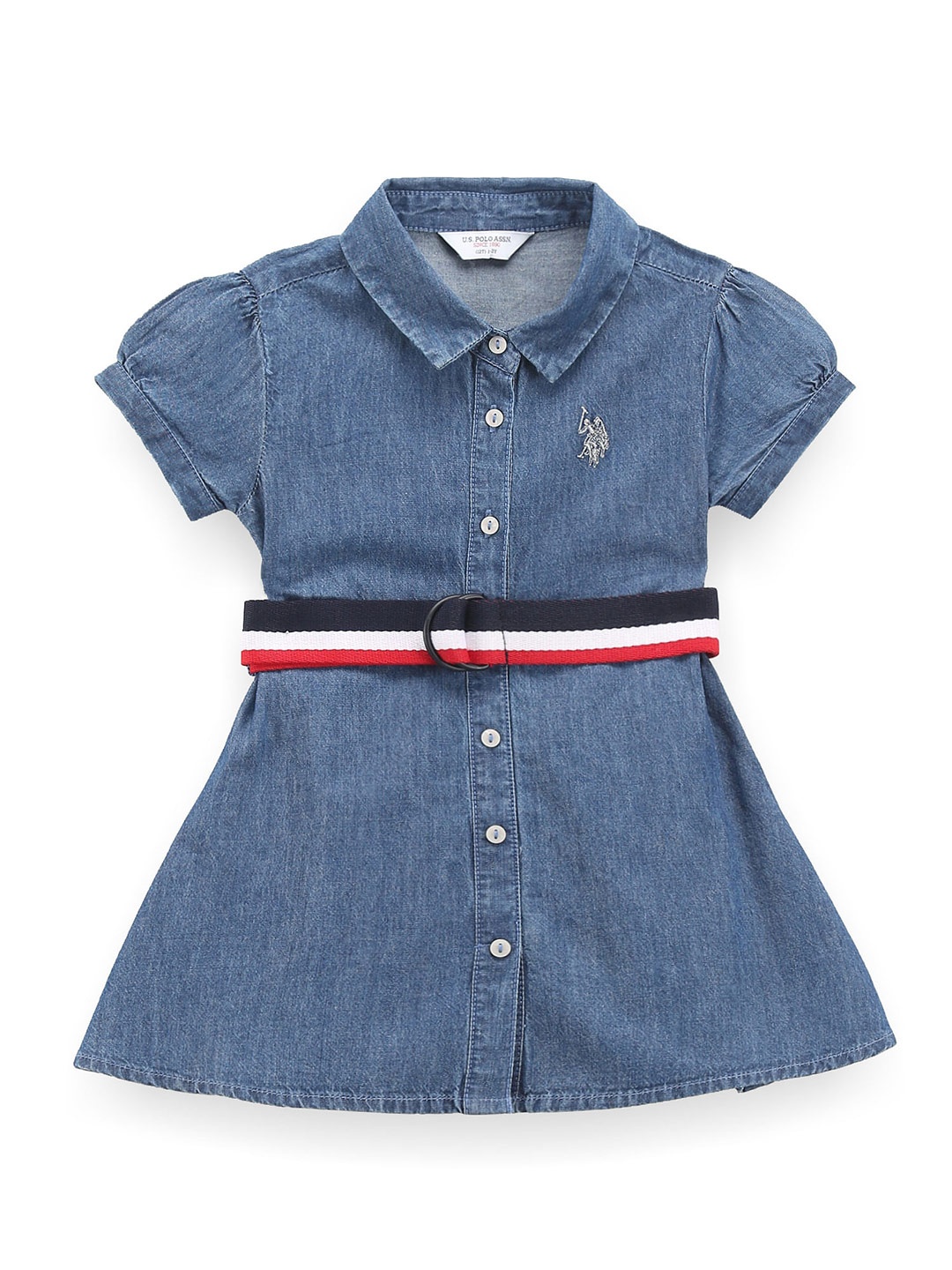 

U.S. Polo Assn. Kids Girls Pure Cotton Belted Puff Sleeve Shirt Dress, Blue