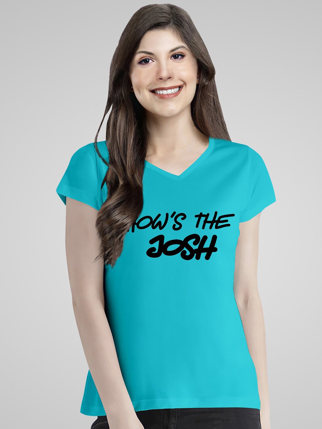 Pootlu Typography Printed V-Neck Cotton Regular T-shirt, Blue