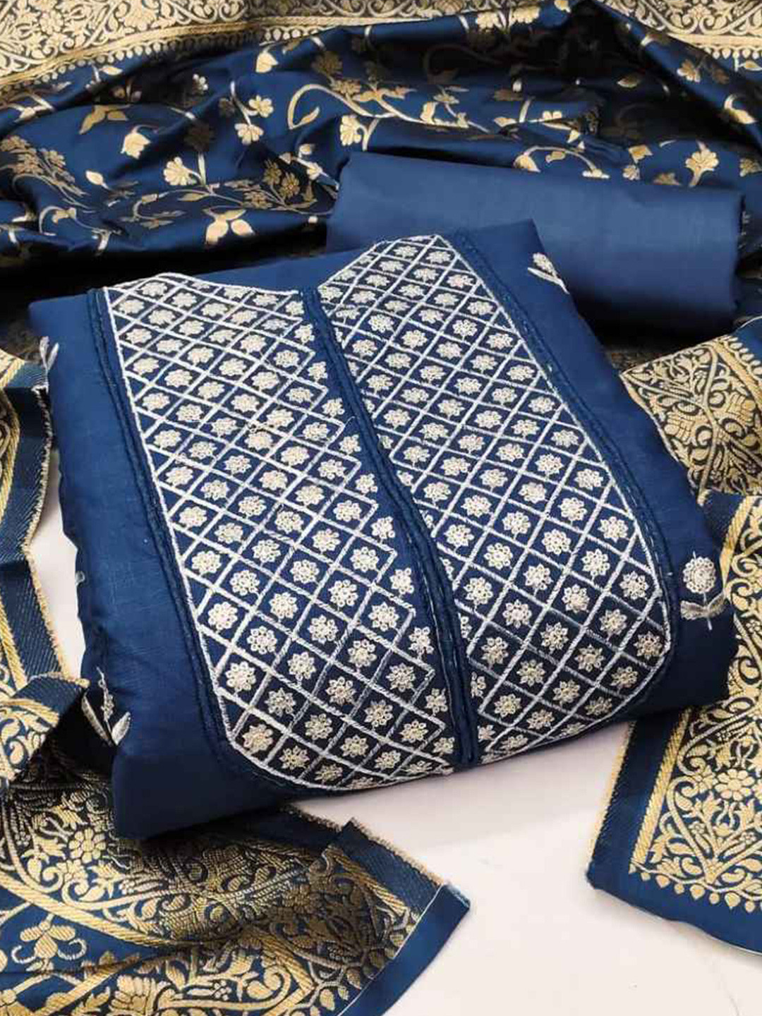 

faxofab Floral Zari Unstitched Dress Material, Navy blue