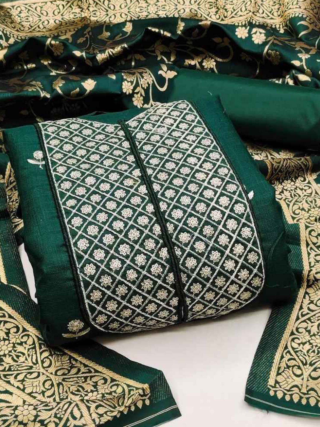 

faxofab Ethnic Motifs Woven Design Unstitched Dress Material, Green