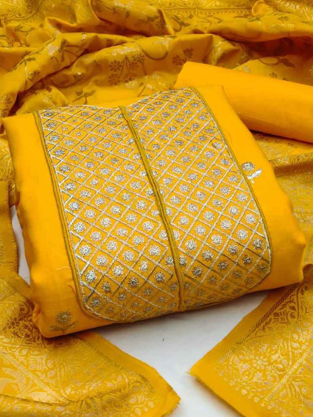 

faxofab Ethnic Motifs Woven Design Zari Unstitched Dress Material, Yellow