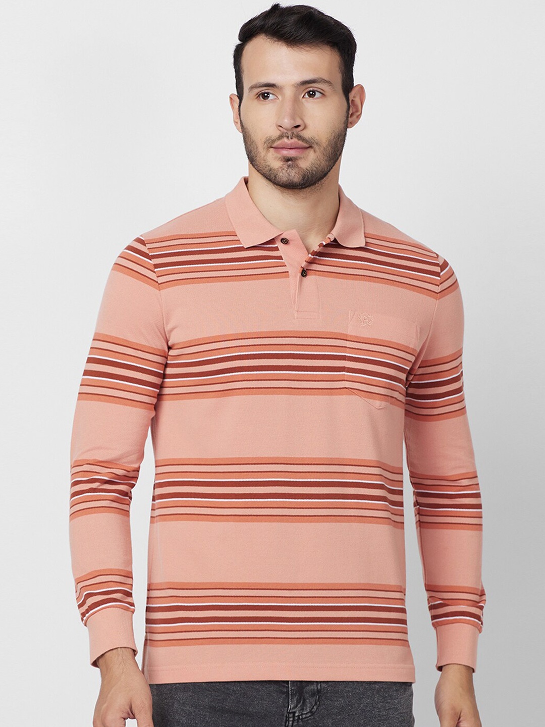 

CELSIUS Striped Polo Collar T-shirt, Peach