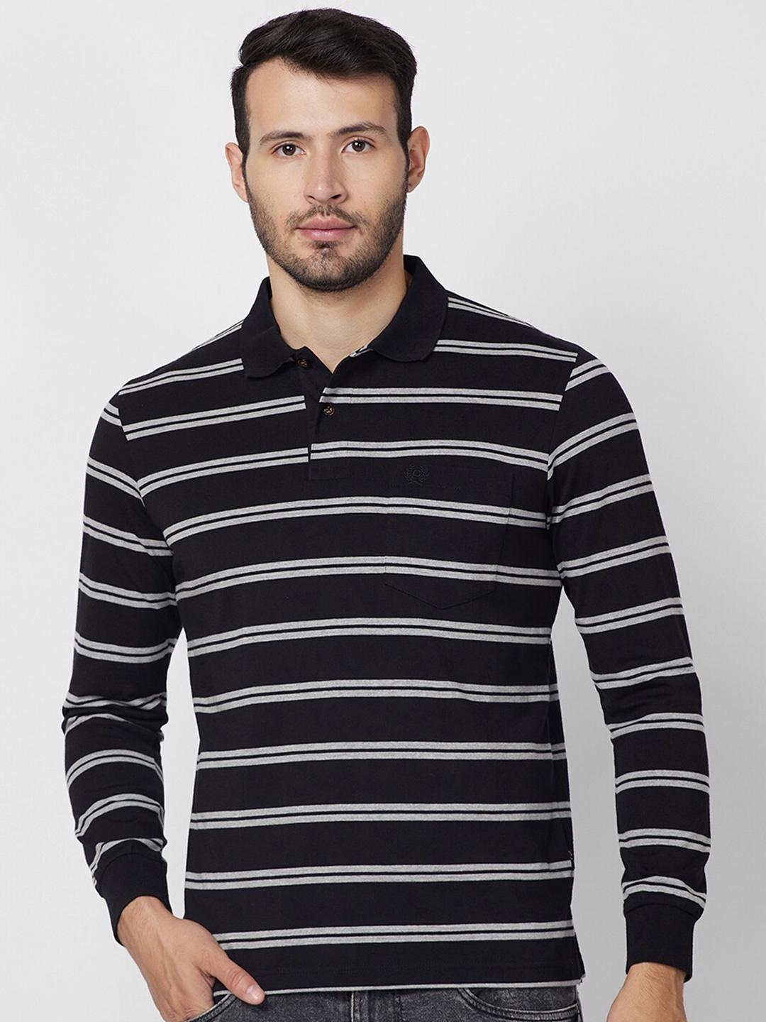 

CELSIUS Striped Polo Collar T-shirt, Black