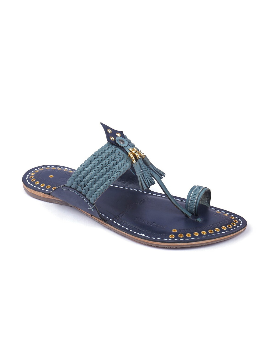 

KORAKARI Men Embellished Leather Kolhapuri Flat Sandals, Blue