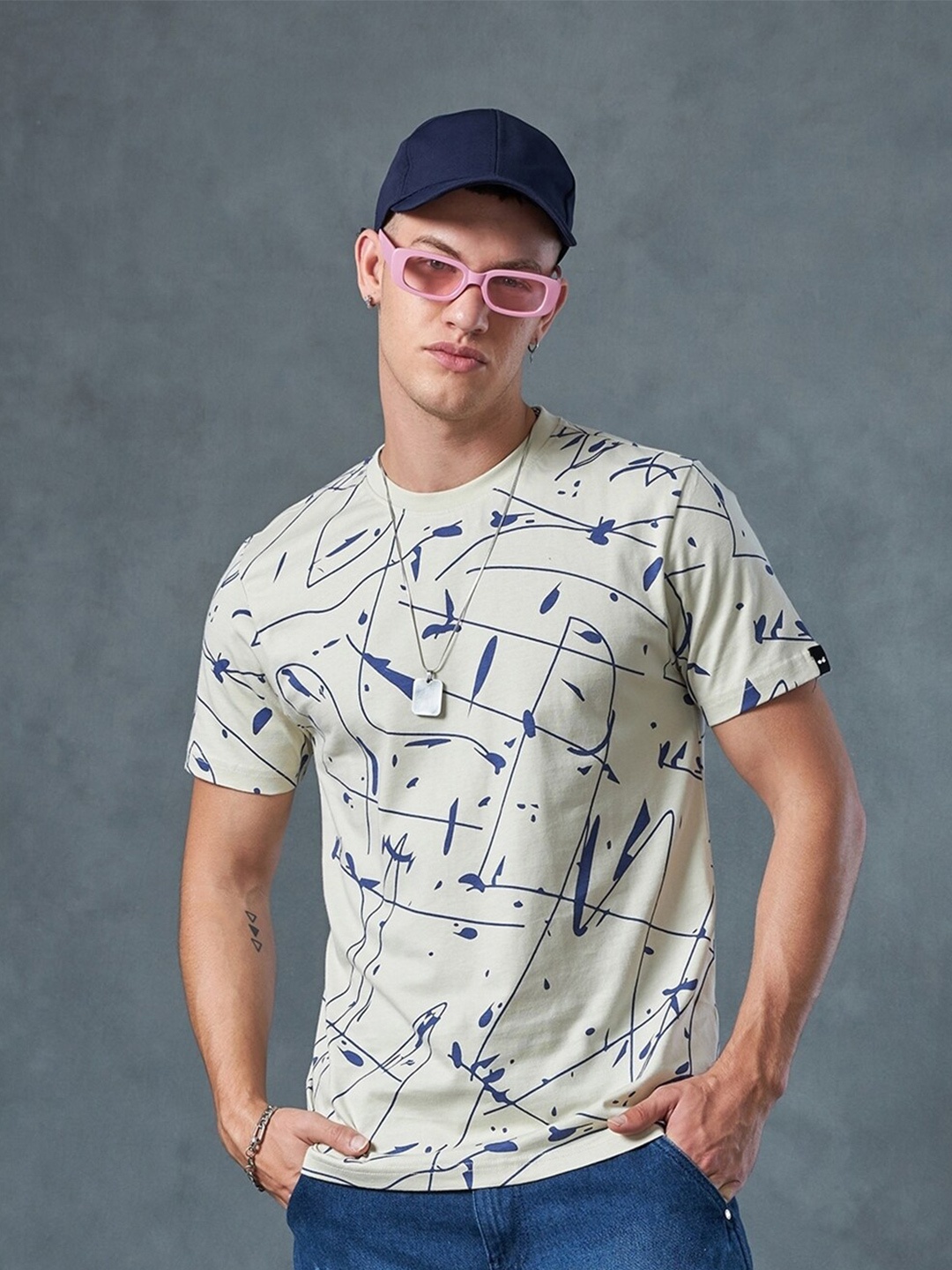 

Bewakoof Beige Abstract Printed Round Neck Short Sleeves Cotton Regular T-shirt