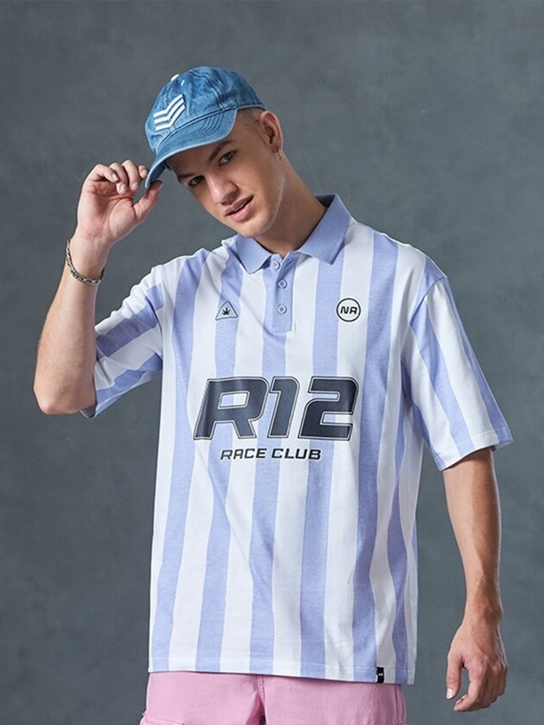 

Bewakoof White R12 Race Club Striped Polo Collar Short Sleeves Cotton Oversized T-shirt