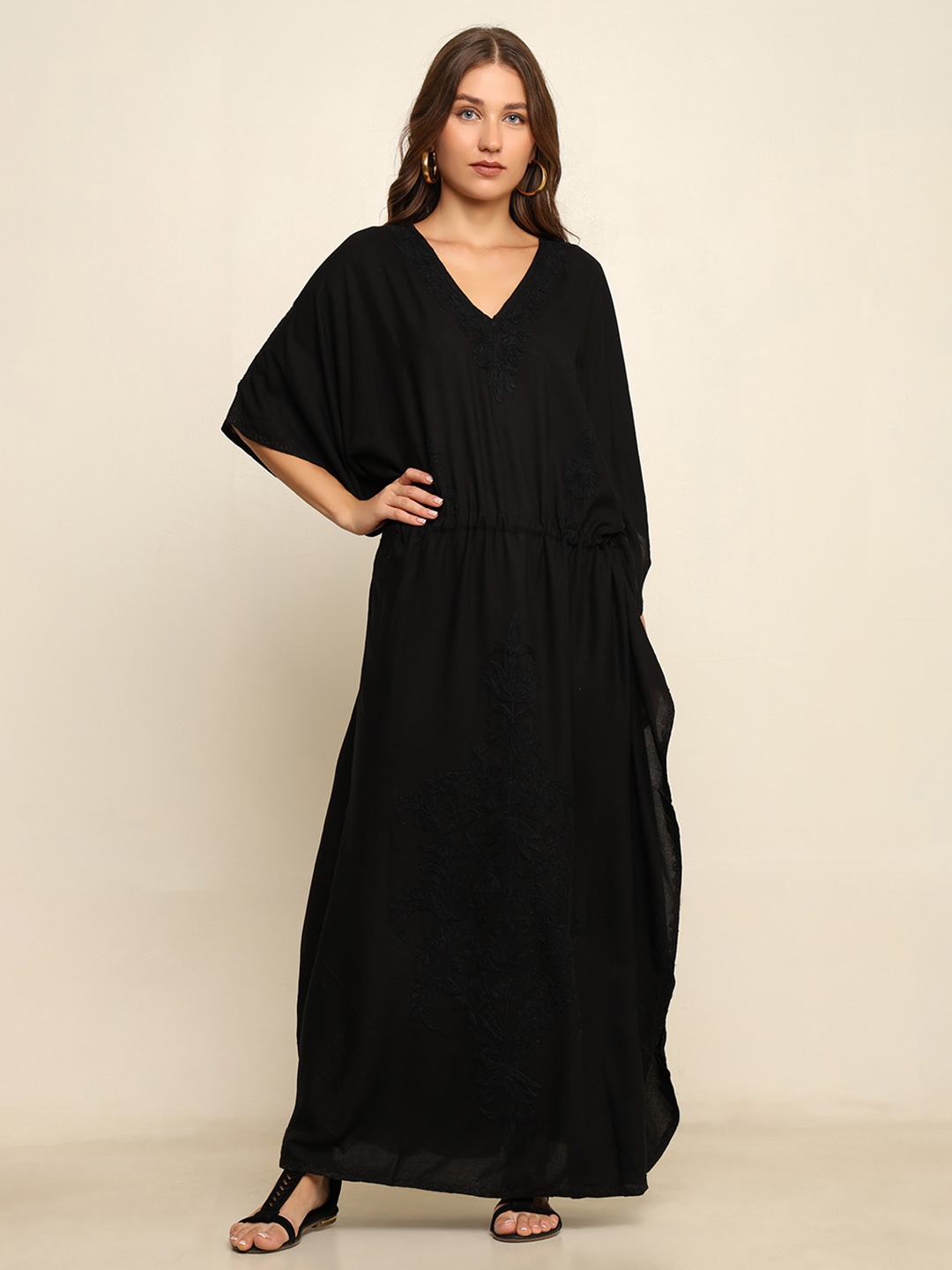 

CRAFTBAZAR V-Neck Solid Embroidered Maxi Dress, Black