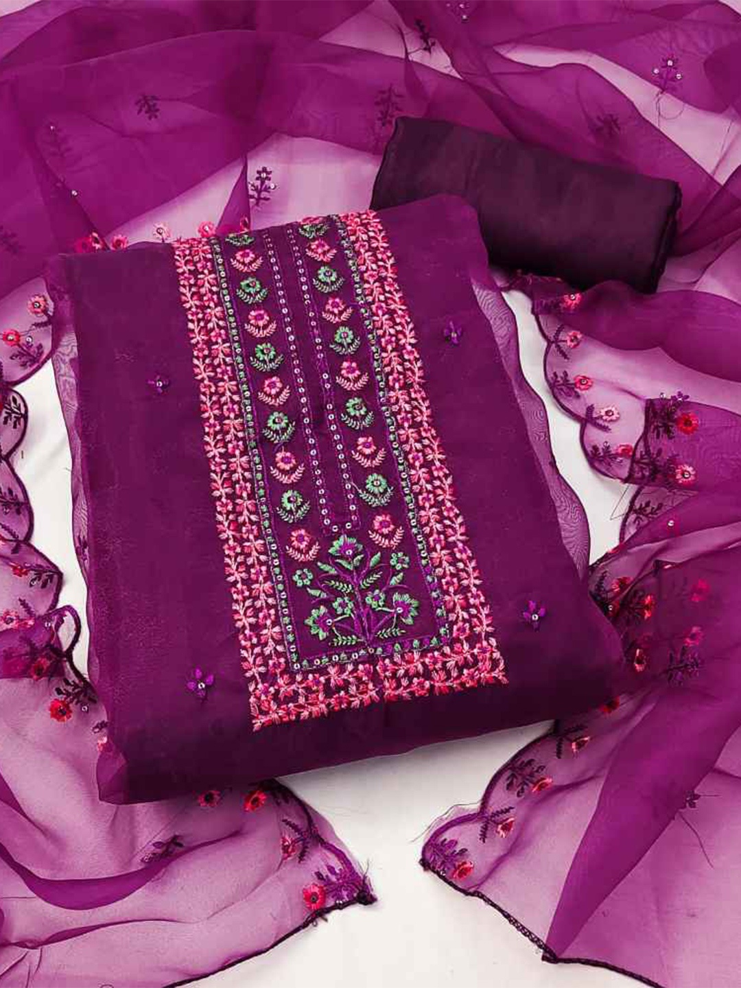 

faxofab Embroidered Organza Unstitched Dress Material, Purple