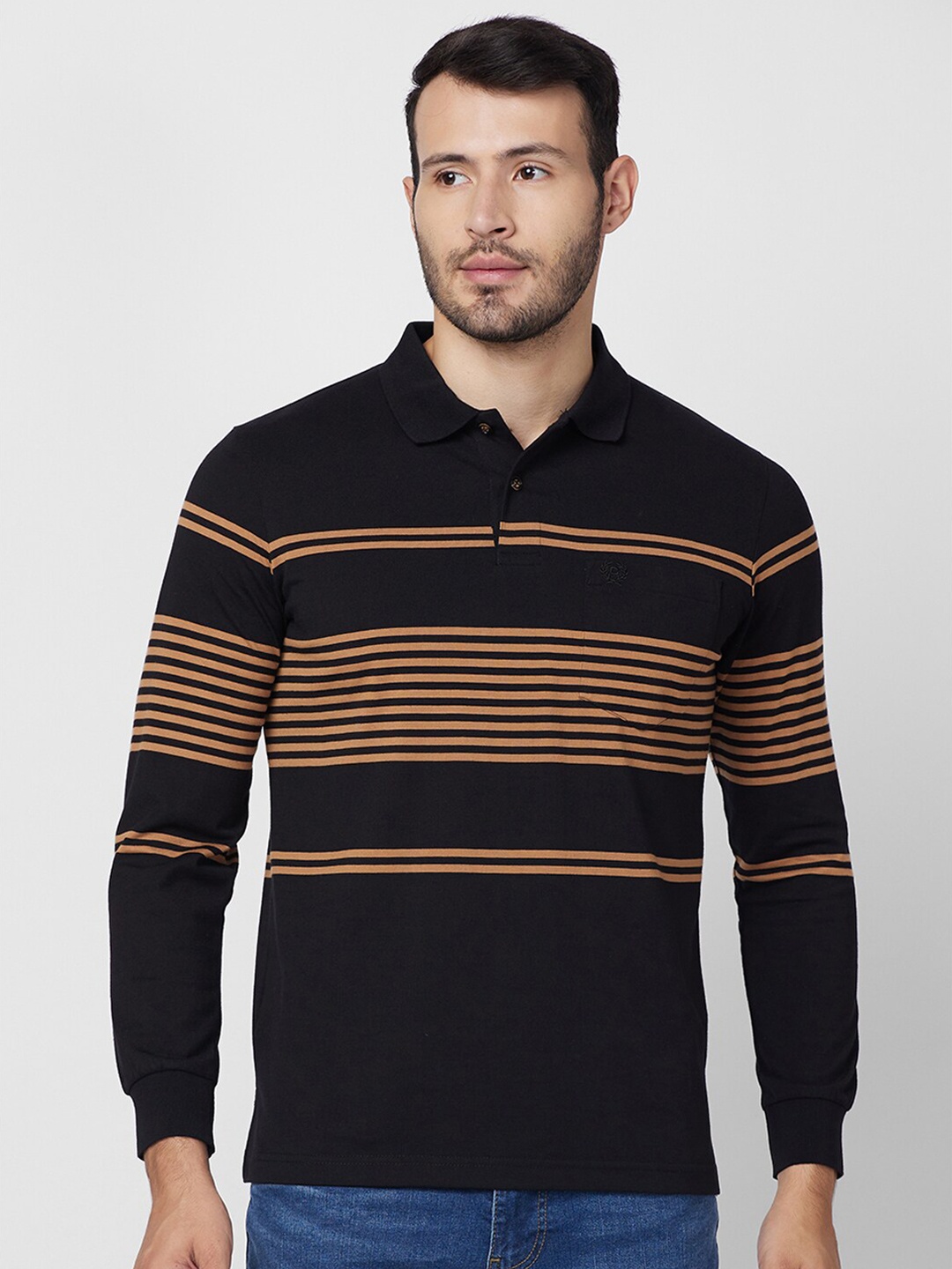 

CELSIUS Striped Polo Collar T-Shirt, Black