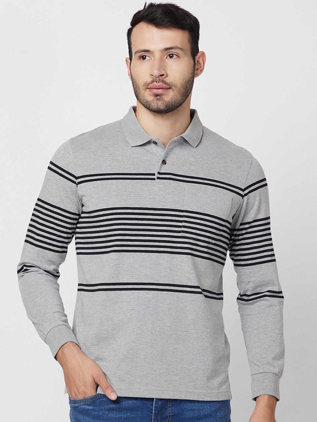 

CELSIUS Striped Polo Collar T-shirt, Grey