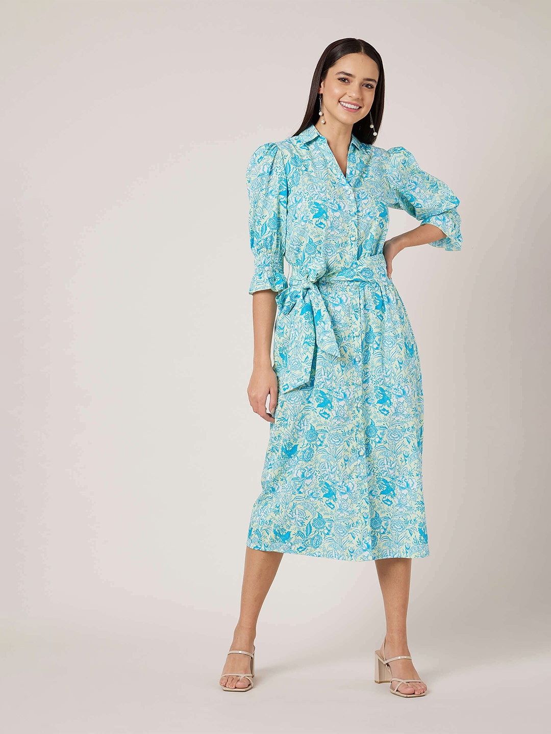 

SALT ATTIRE Moana Floral Printed Shirt Collar Bell Sleeves Cotton A-Line Midi Dress, Turquoise blue