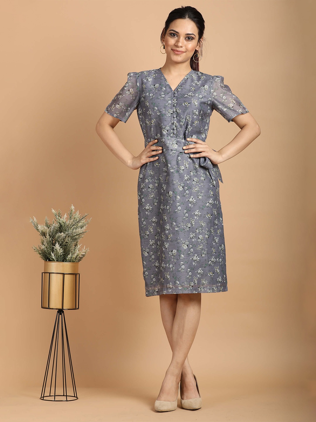 

SALT ATTIRE Floral Print V-Neck Puff Sleeves Tie-Up Silk Sheath Dress, Grey