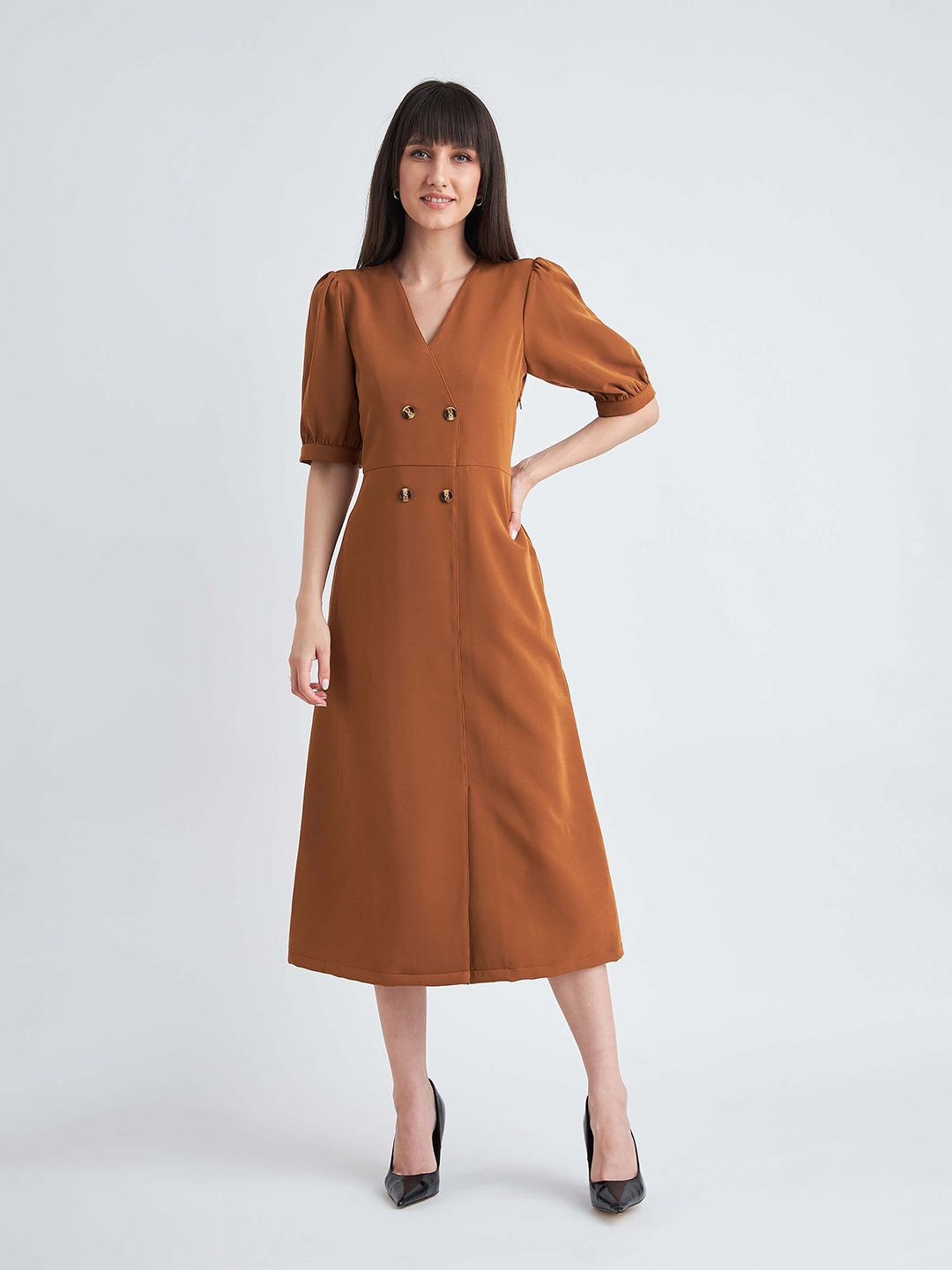 

SALT ATTIRE Formal A-Line Midi Dress, Tan