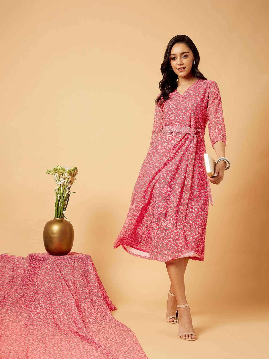 

SALT ATTIRE Floral Printed Belted Silk Wrap Dress, Pink