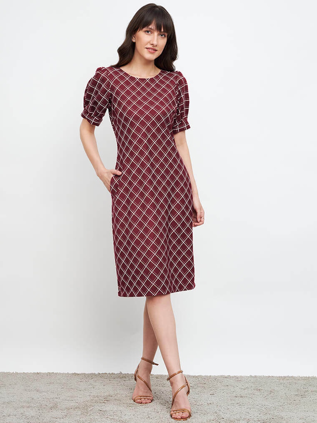 

SALT ATTIRE Checked Formal Sheath Dress, Maroon