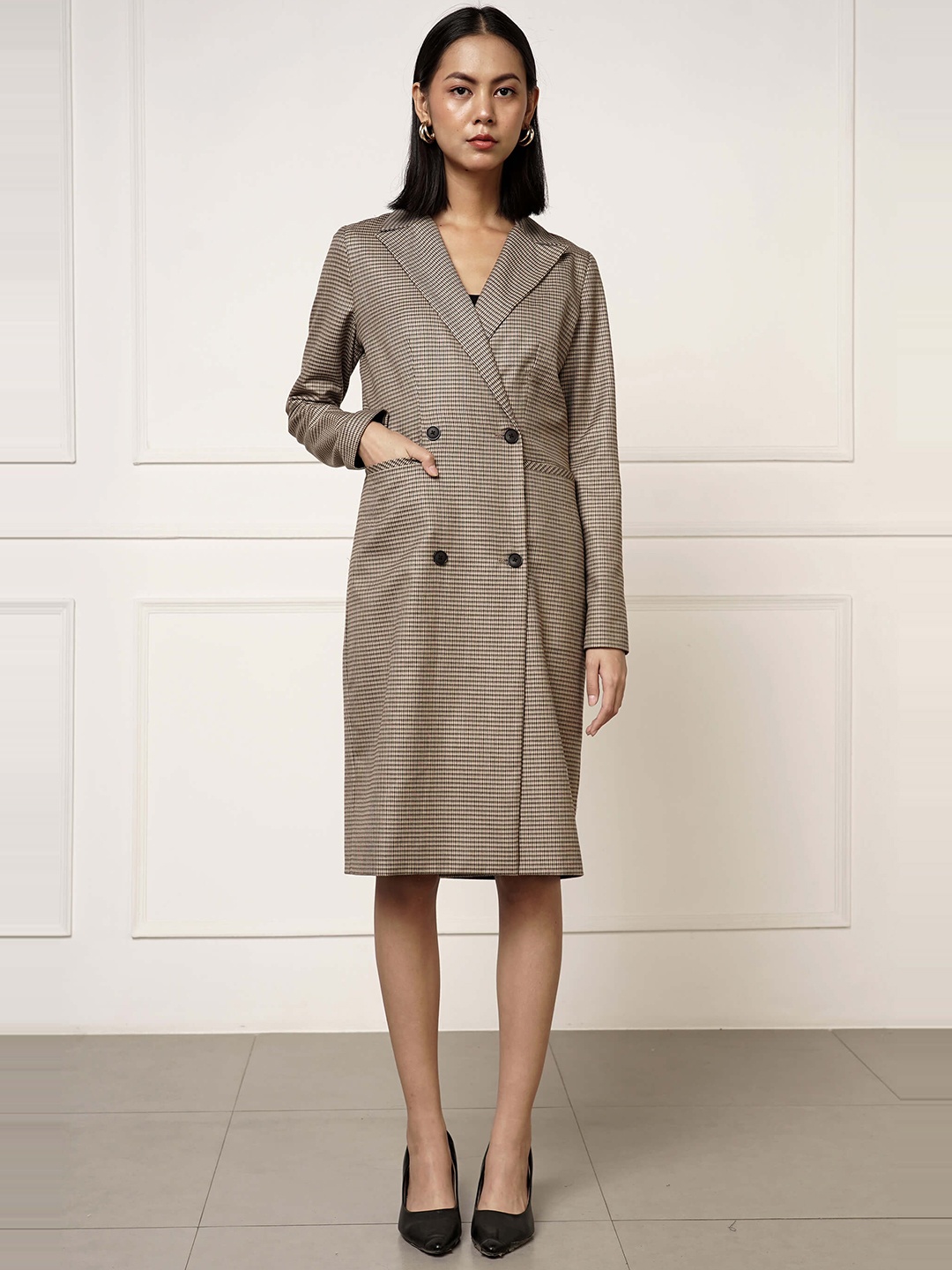 

SALT ATTIRE Winter Treasures Checked Shirt Collar Blazer Dress, Brown