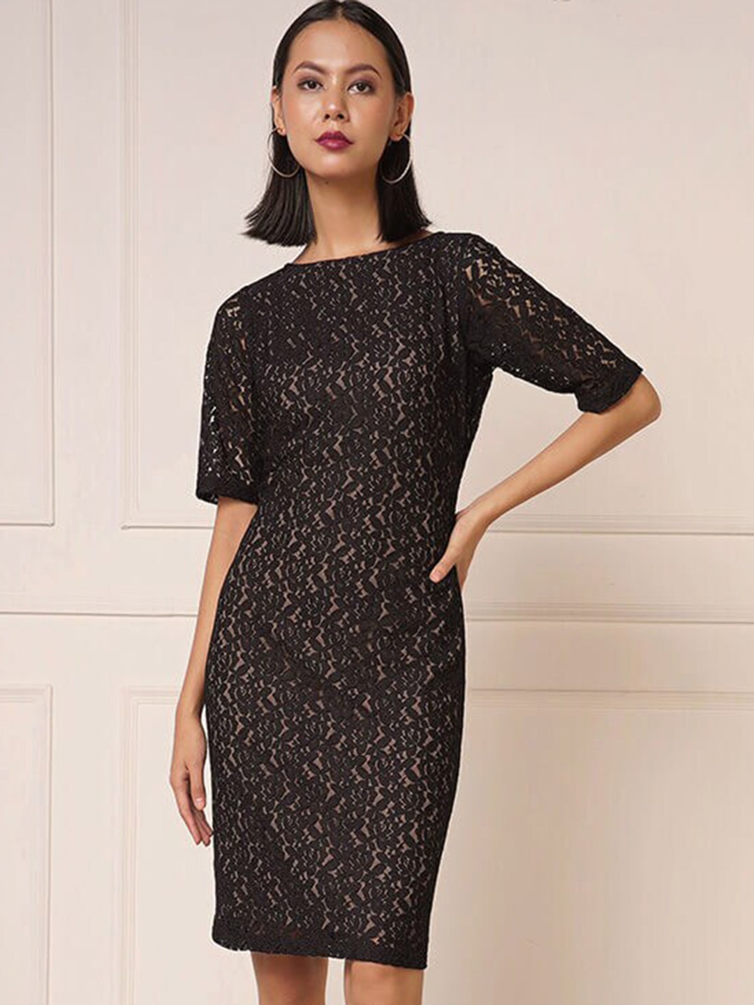 

SALT ATTIRE Self Design Boat Neck Lace Fabric Sheath Dress, Black