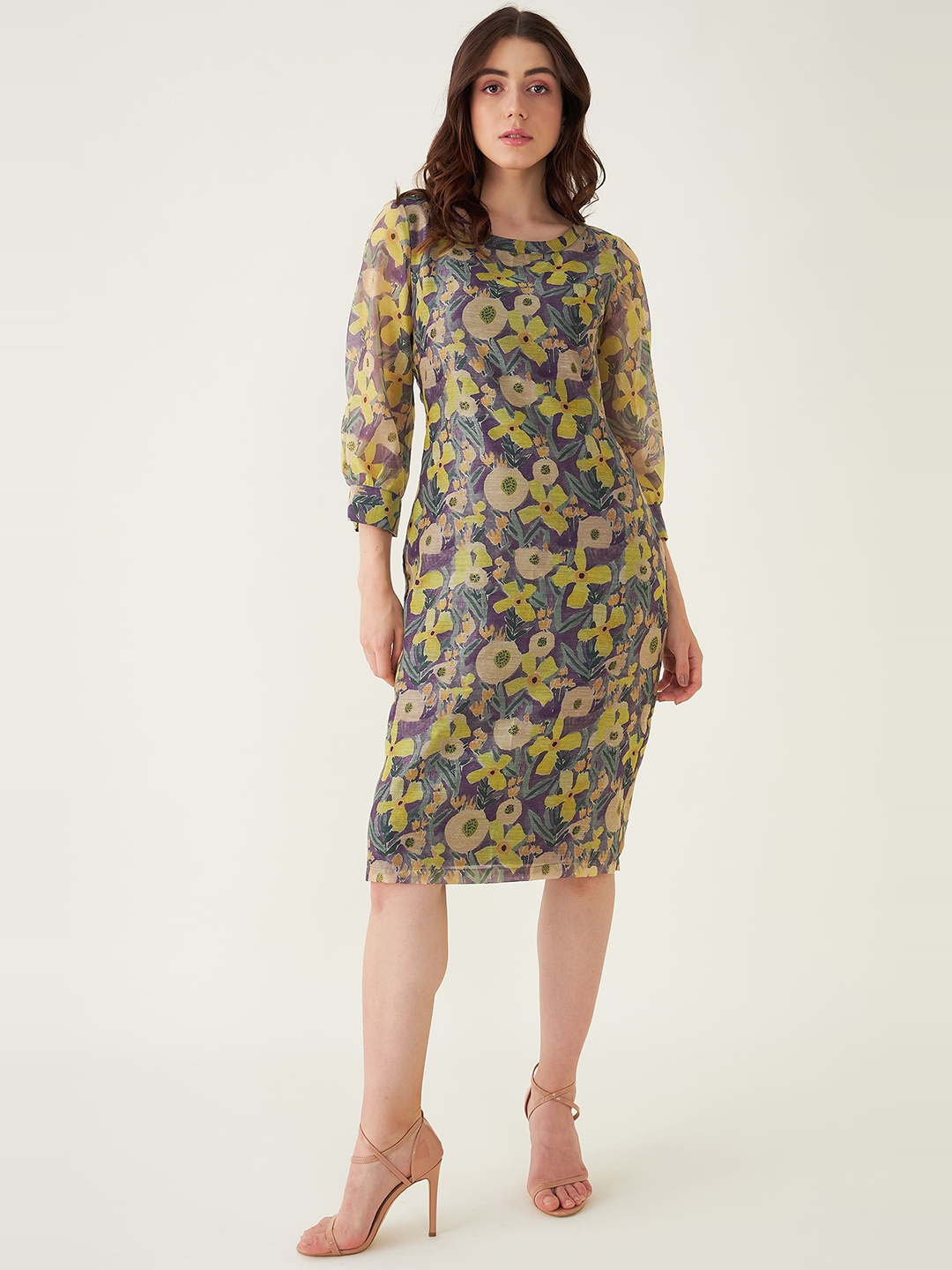 

SALT ATTIRE Floral Printed Cuffed Sleeves Sheath Dress, Purple