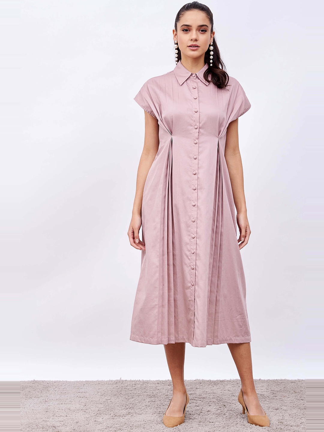 

SALT ATTIRE Extended Sleeves Pure Cotton A-Line Midi Dress, Pink