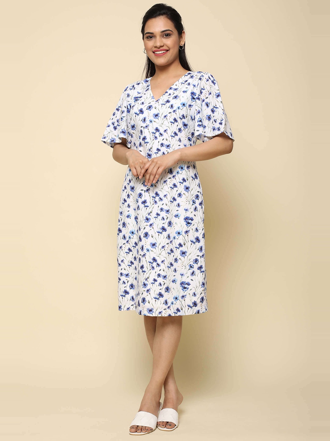 

SALT ATTIRE Floral Printed V-Neck Flared Sleeve A-Line Dress, White