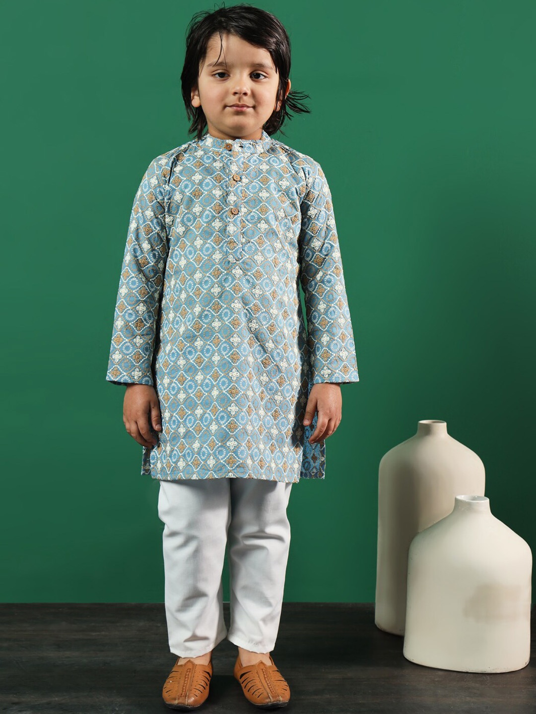

Readiprint Infant Boys Floral Embroidered Pure Cotton Kurta with Pyjamas, Blue
