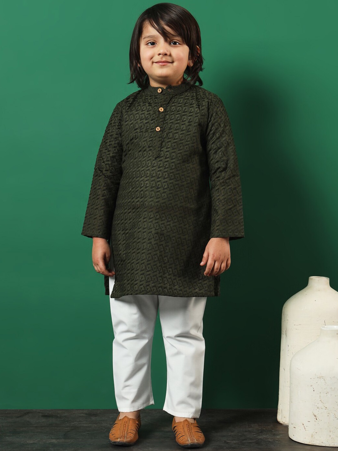 

Readiprint Infant Boys Embroidered Chikankari Pure Cotton Kurta with Pyjamas, Green