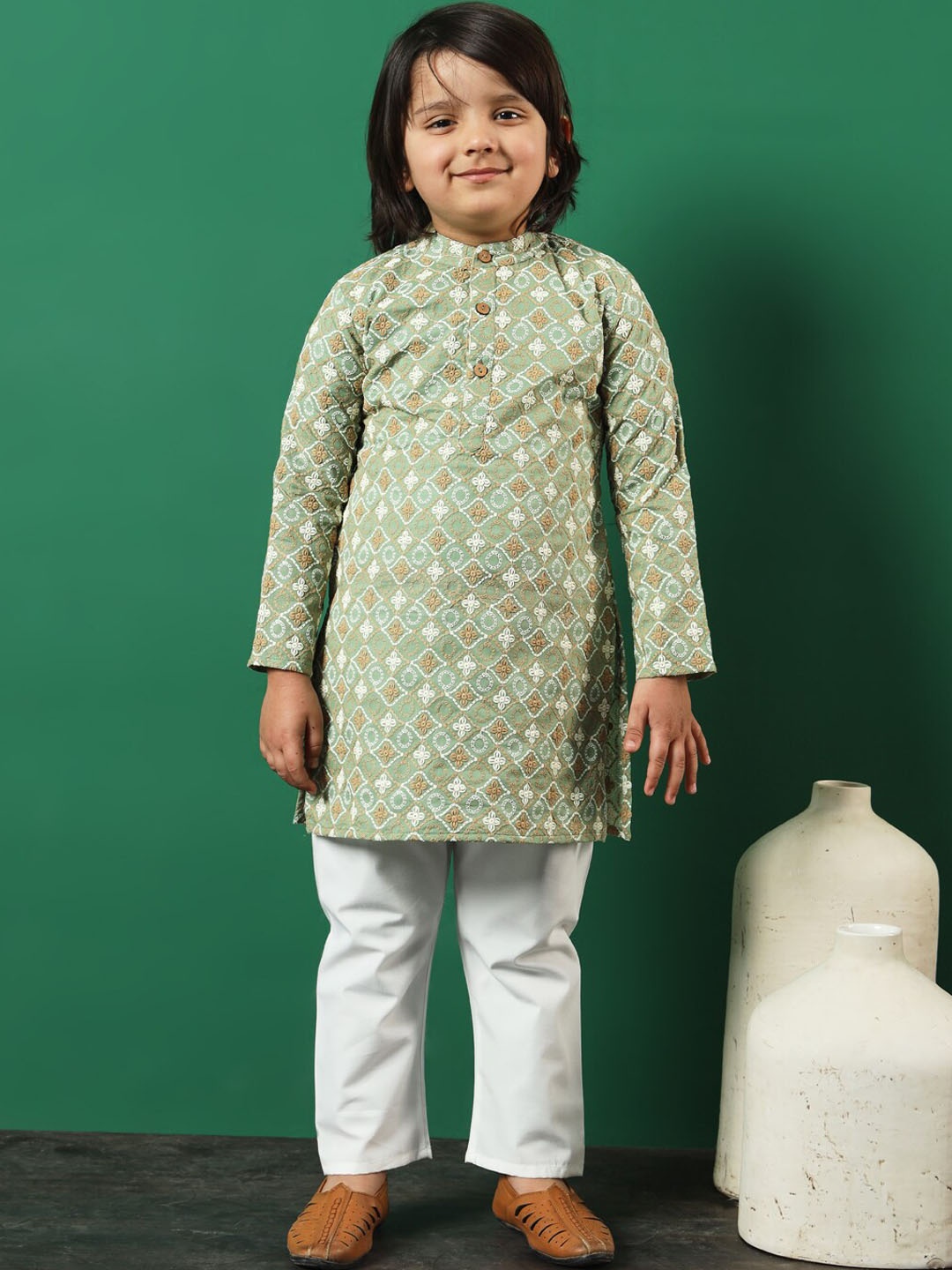 

Readiprint Infant Boys Ethnic Motifs Embroidered Pure Cotton Kurta with Pyjamas, Green