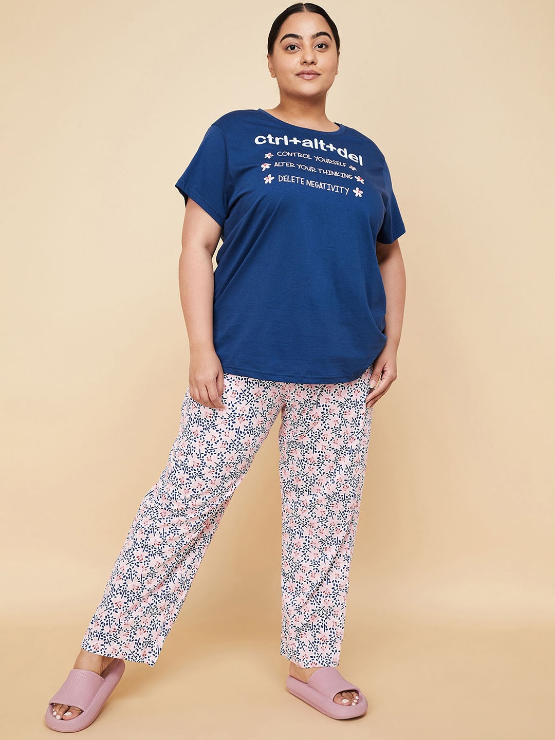 

max Plus Size Typography Printed Pure Cotton Night suit, Navy blue