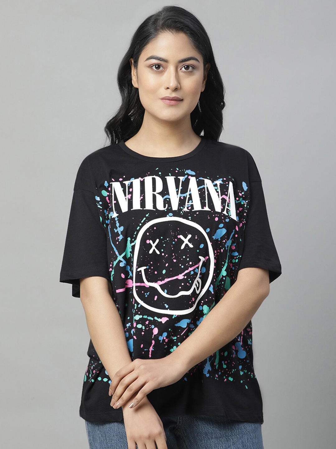 

Free Authority Nirvana Printed Drop Shoulder Sleeves Cotton Oversized T-Shirt, Black