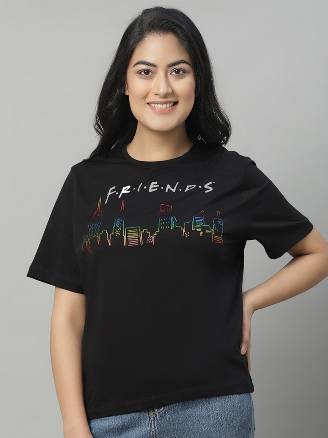 

Free Authority Friends Printed Round Neck Cotton Relaxed Fit T-Shirt, Black