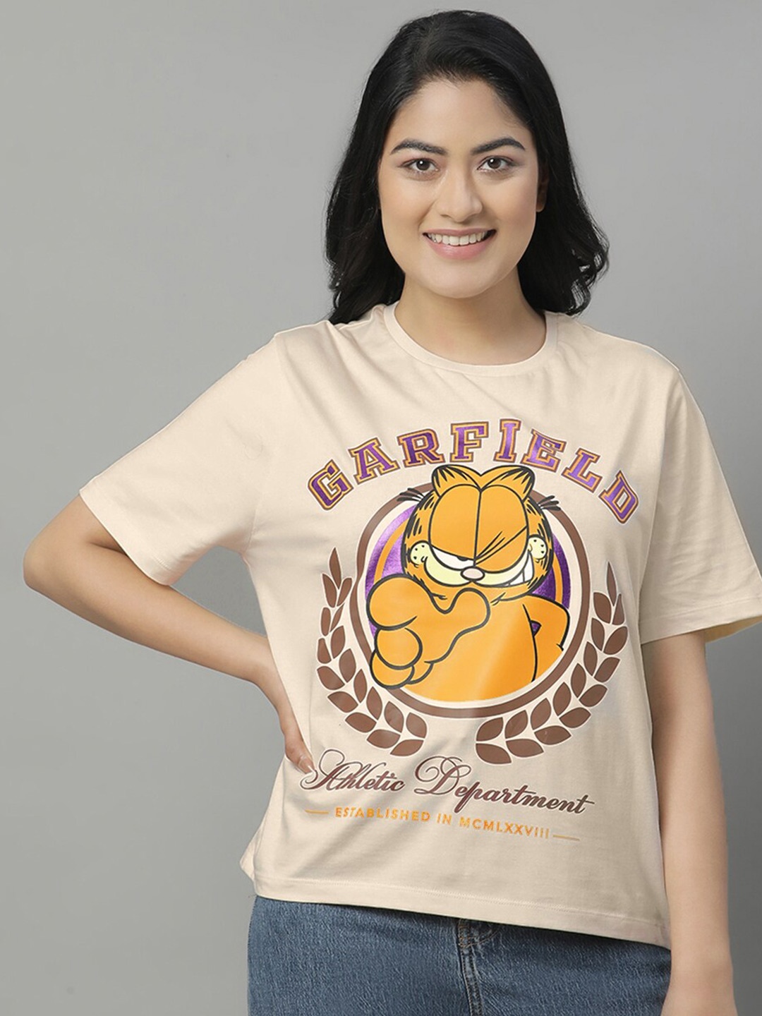 Free Authority Garfield Printed Round Neck Cotton Relaxed Fit T-Shirt, Peach