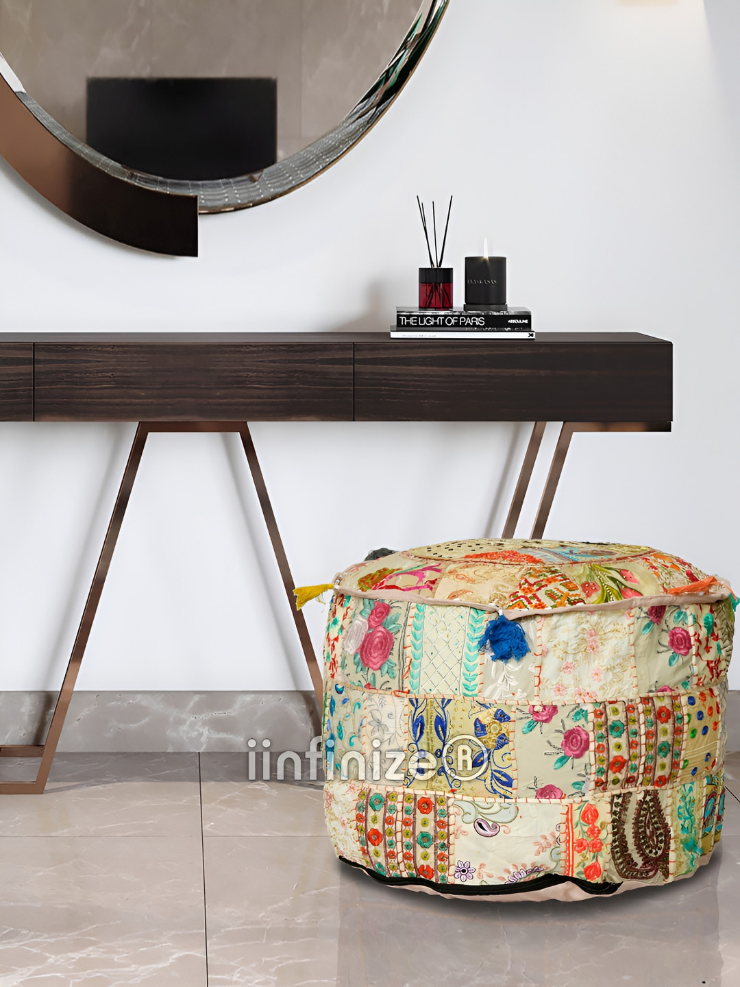 

iinfinize Off White Printed Cotton Round Ottomans