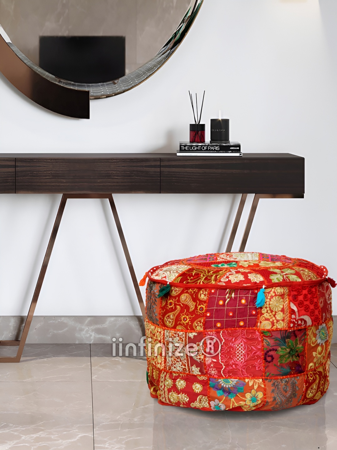 

iinfinize Red & Beige Embroidered Patch Work Pouffe Ottoman