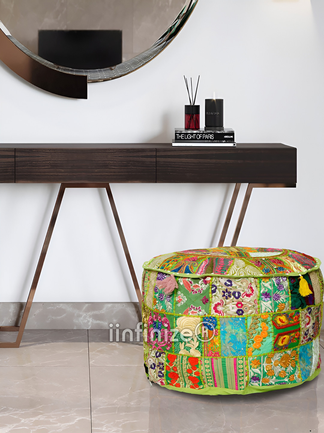 

iinfinize Lime Green & Blue Embroidered Patch Work Pouffe Ottoman