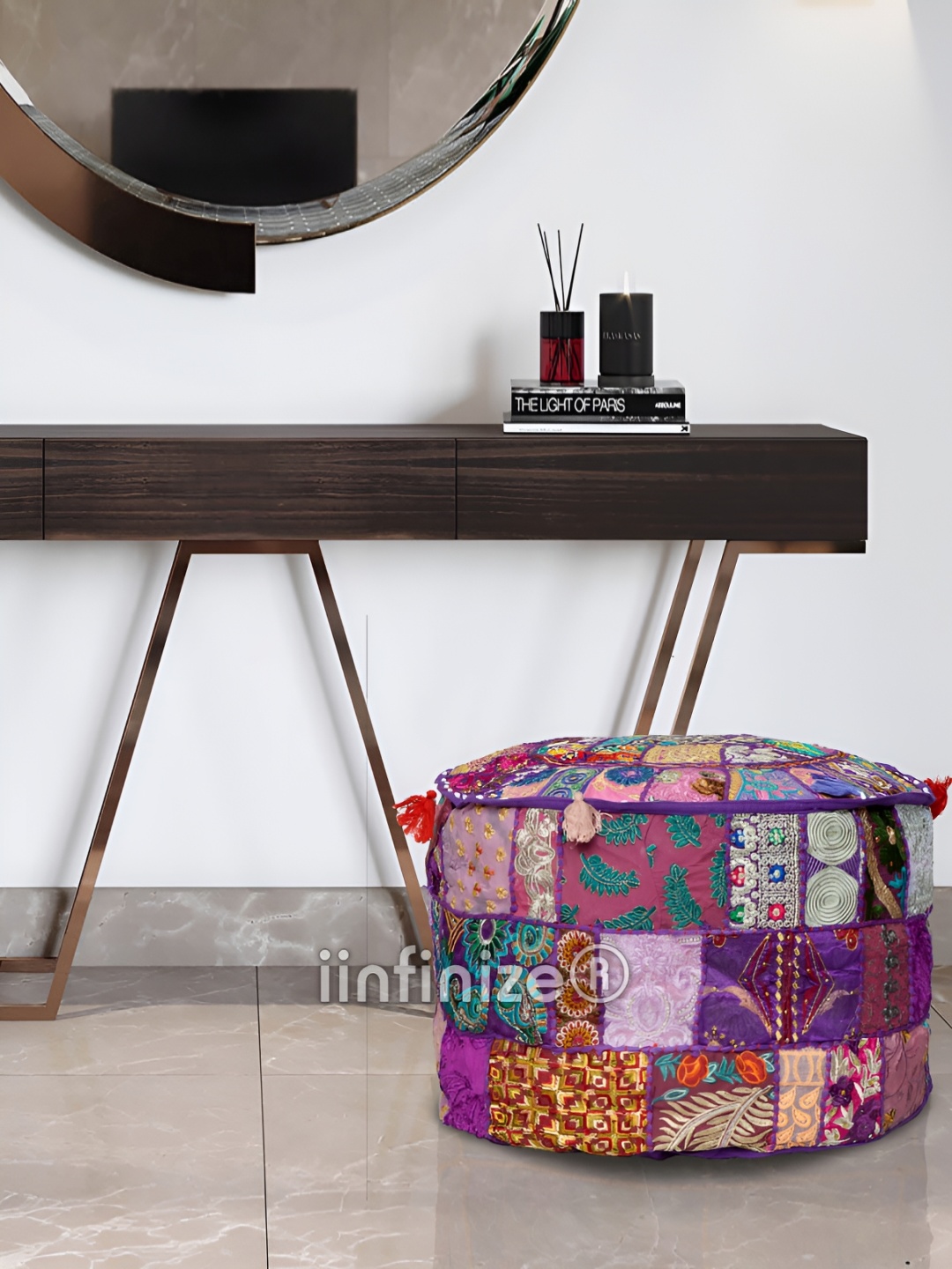 

iinfinize Purple & Green Embroidered Patch Work Pouffe Ottoman