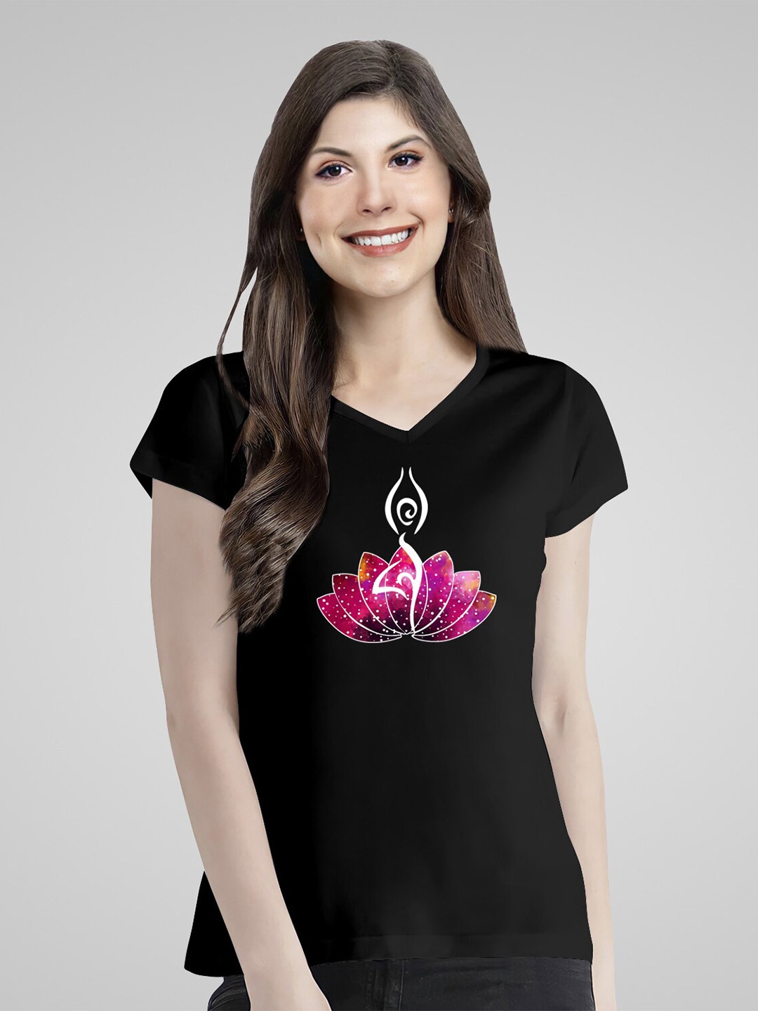 

Pootlu LotusYoga Graphic Printed Pure Cotton T-shirt, Black