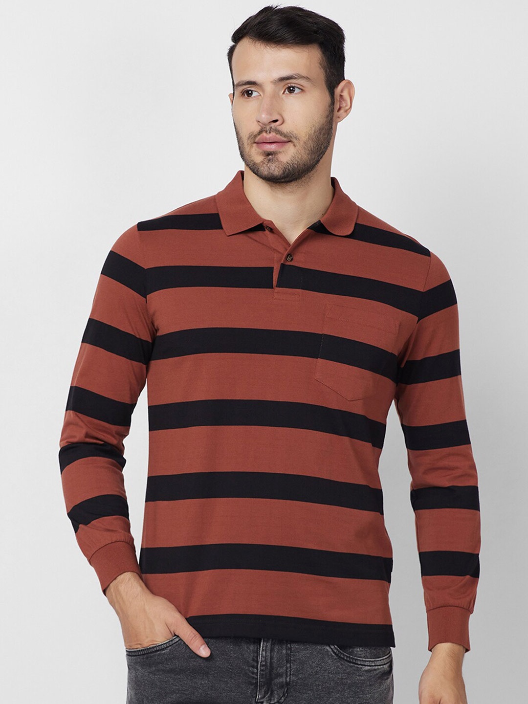 

CELSIUS Striped Polo Collar T-shirt, Brown