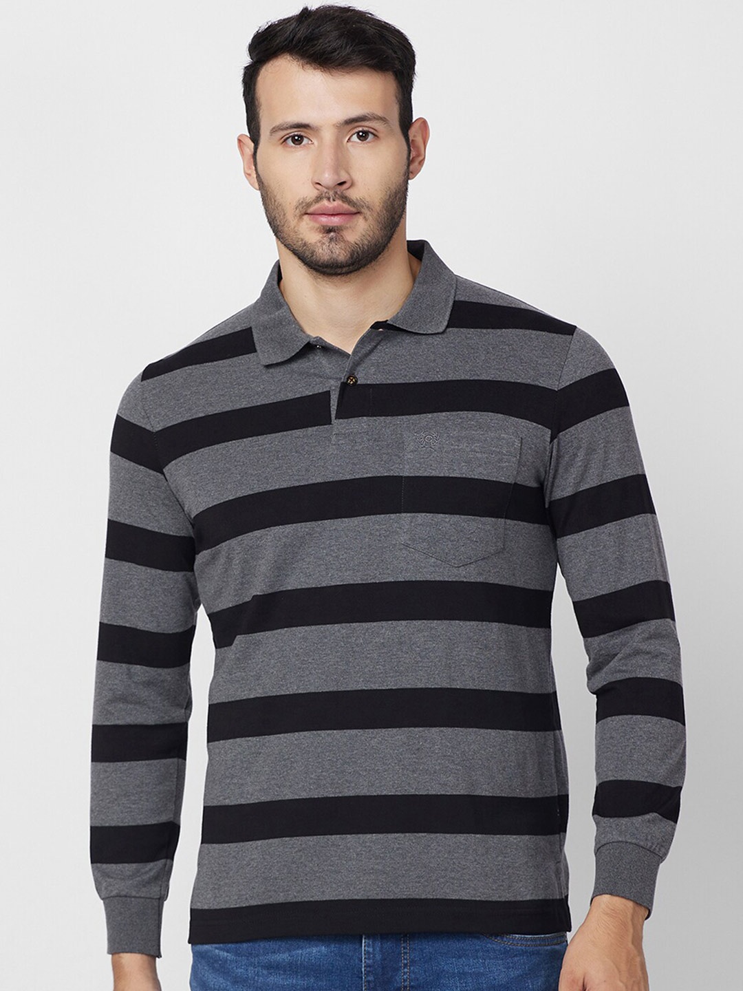 

CELSIUS Striped Polo Collar T-shirt, Charcoal