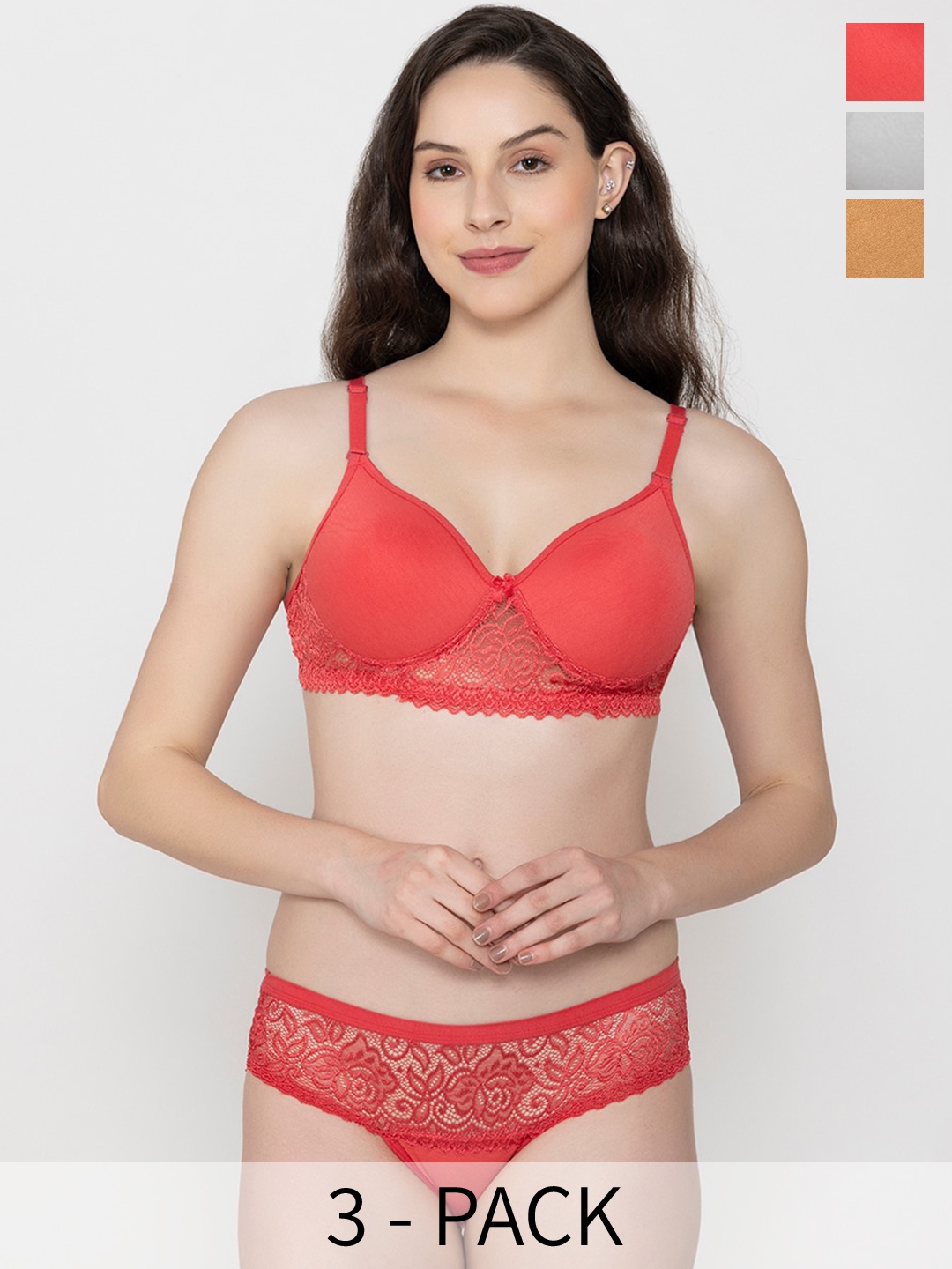 

ESOROUCHA Pack Of 3 Self Design Padded Lingerie Sets, Red