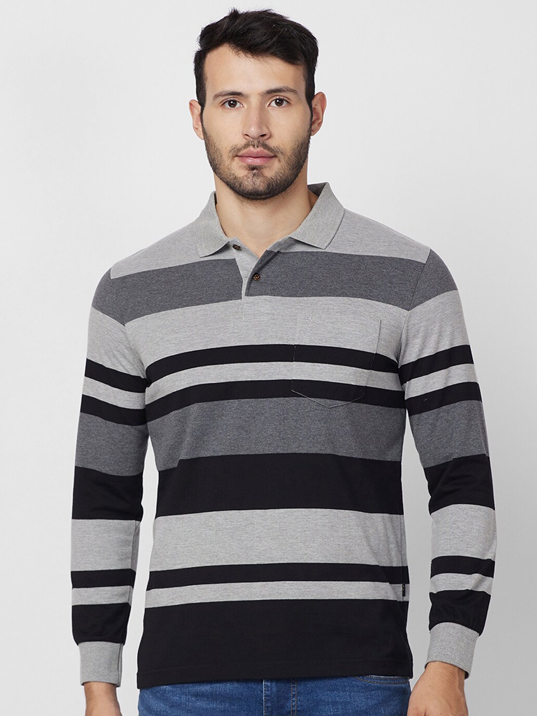 

CELSIUS Striped Polo Collar T-shirt, Grey