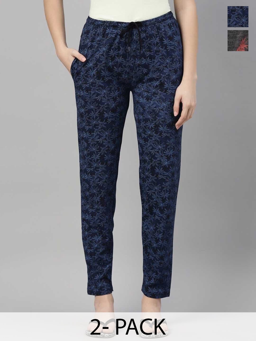 

Kryptic Women Pack Of 2 Printed Pure Cotton Lounge Pants, Navy blue