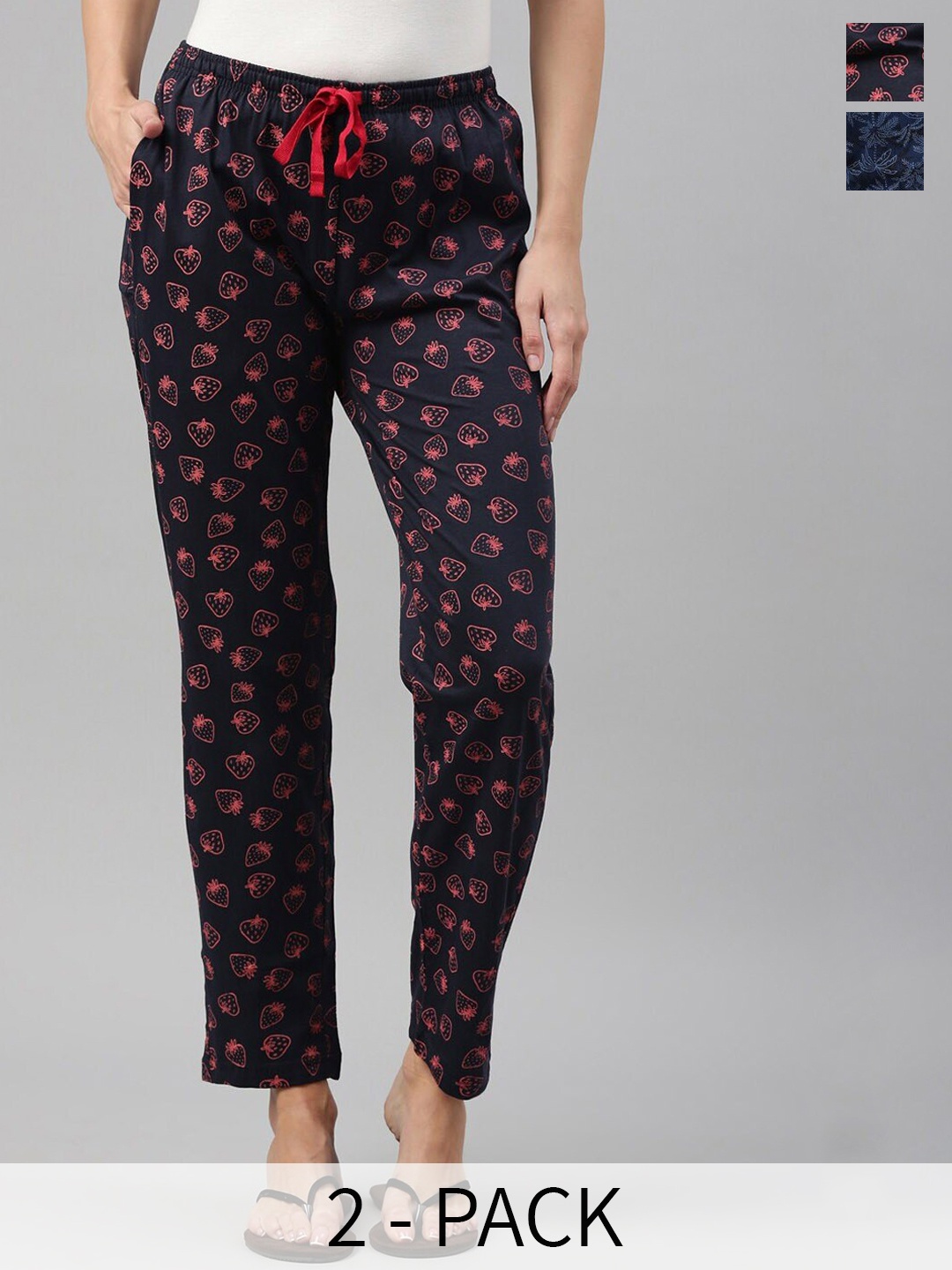 

Kryptic Women Pack Of 2 Printed Pure Cotton Lounge Pants, Navy blue