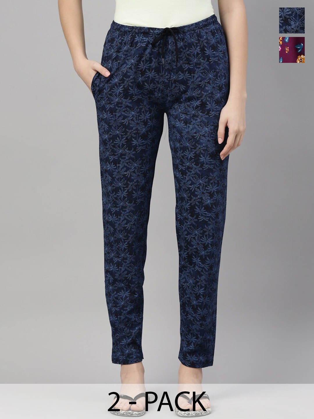 

Kryptic Women Pack Of 2 Printed Pure Cotton Lounge Pants, Blue