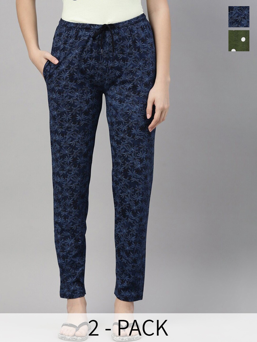 

Kryptic Women Pack Of 2 Printed Pure Cotton Straight-Leg Lounge Pants, Blue