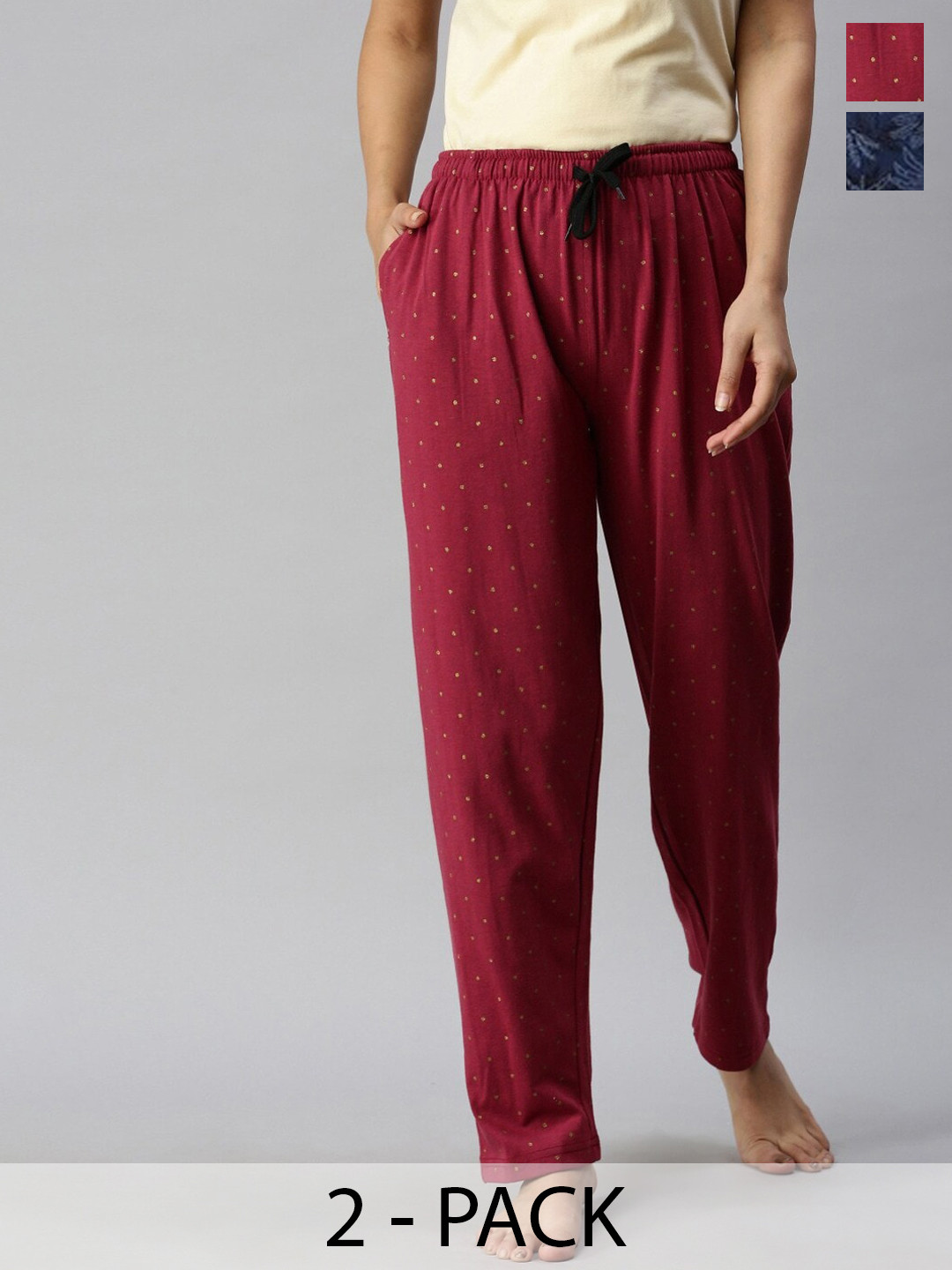 

Kryptic Women Pack of 2 Printed Pure Cotton Lounge Pants, Maroon