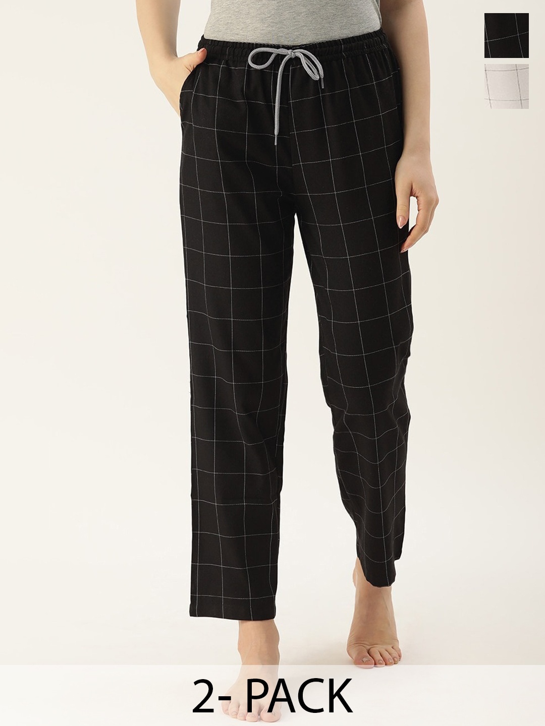 

Kryptic Women Pack Of 2 Checked Pure Cotton Lounge Pants, Black