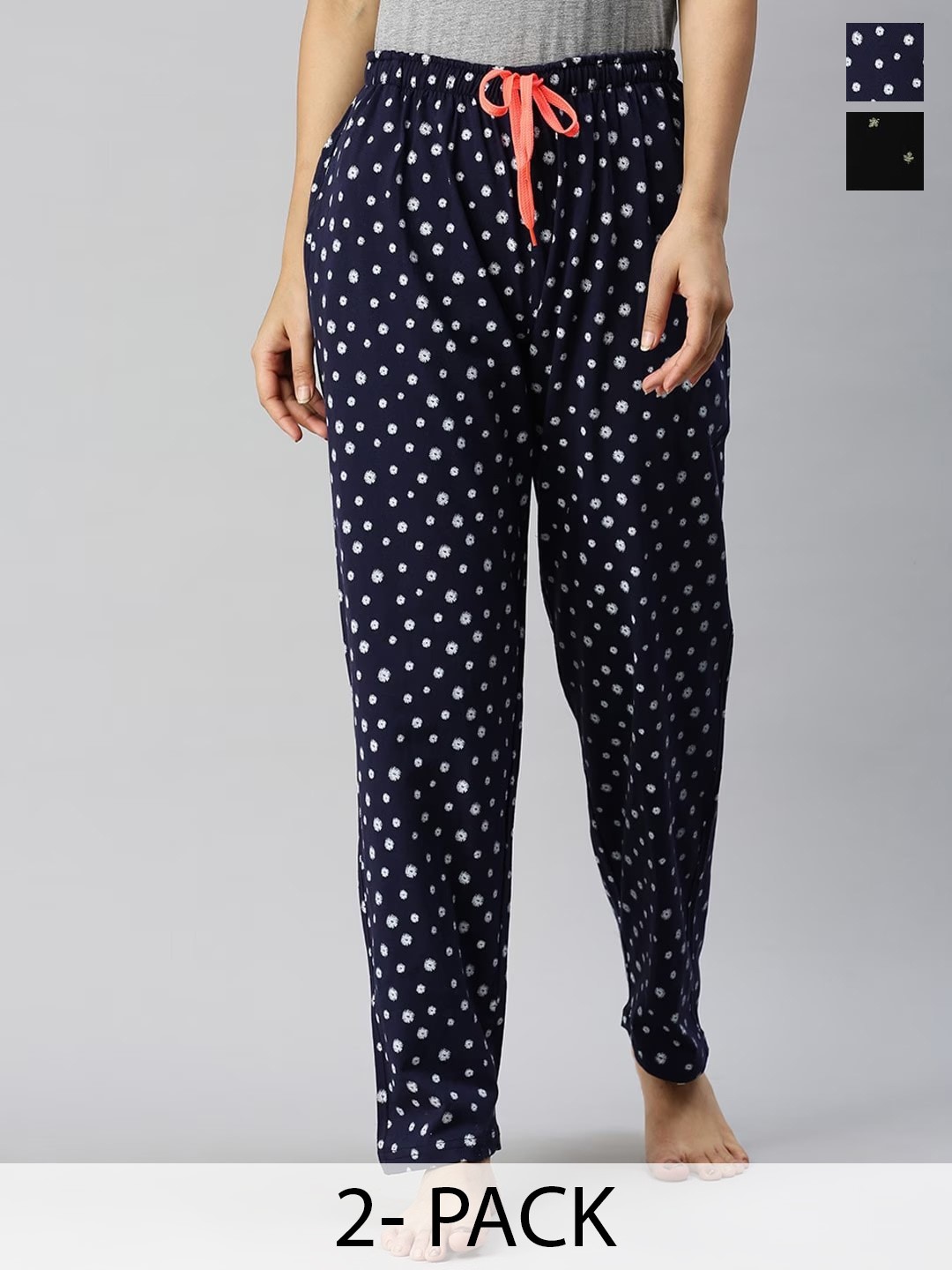 

Kryptic Women Pack of 2 Printed Pure Cotton Lounge Pants, Navy blue